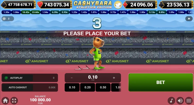 Cashybara Athletics Edition - glavni ekran trke sa brojačem koeficijenata